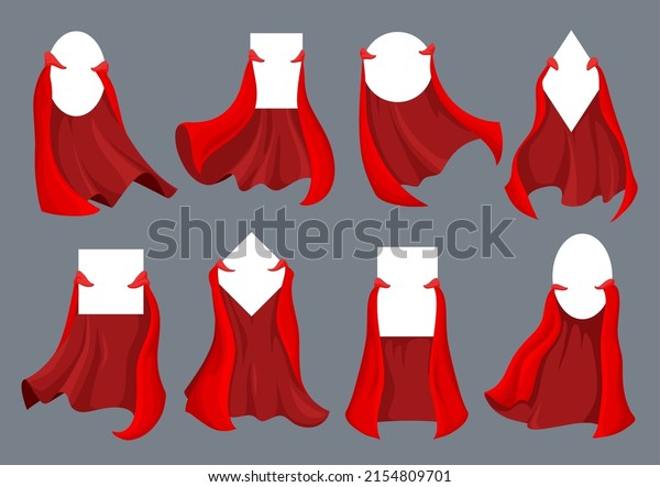 Hero and super hero cartoon red capes and cloaks.
Vector silk fabric mantles of superhero, vampire, king or magician
costume with flying and flowing flaps, isolated capes with blank
white signs