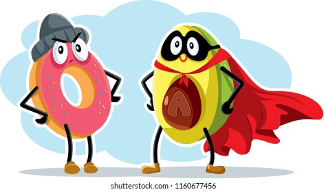 Hero Super Food Avocado and Villain Doughnut. Good food bad food superhero and villain of nutrition concept illustration
