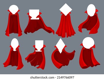 Hero and super hero, wizard and magician red capes and cloaks with collars and gold buttons. Vector cartoon mantles with flying flaps in the wind and blank white signs, isolated superhero costumes