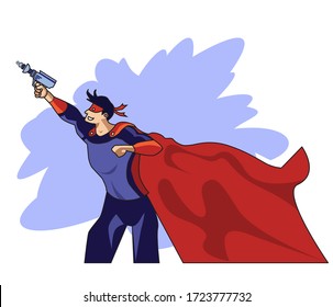 Hero superman man with a weapon in his hand with a red cloak and superman clothes. Goes to the rescue