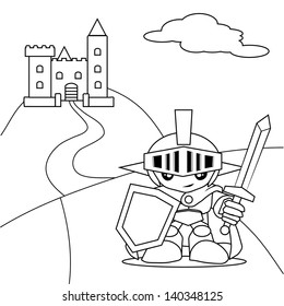 hero with sword and the castle coloring book