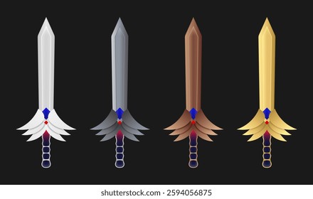 Hero sword set, gold and bronze or silver color with fantastic abstract wings on heroic theme. Game swords icon