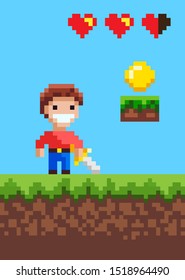 Hero with sword smiling man pixel game vector, character in battle. Arcade with life scale in form of hearts, coin on ground gold money points score