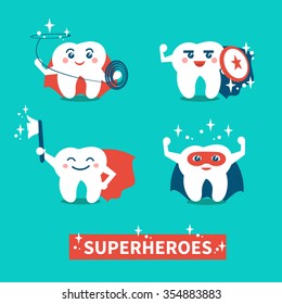 Hero teeth. Banner with happy cute teeth superheroes.Teeth care and hygiene concept. Vector flat illustration. 