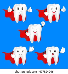 Hero teeth character set. happy cute tooth superheroes. Dental care and hygiene concept. illustration.