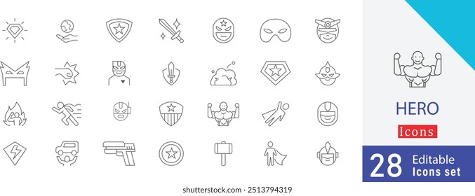 Conjunto de iconos de línea delgada de héroe que contiene el ícono de máscara, fuerte, figura heroica, pistola, golpe, especial, espada, máscara, luchador y más colección de arte de línea