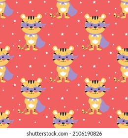 hero tiger seamless pattern, vector illustration with animal in super hero mask and cape on stars background