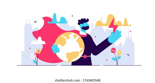 Hero vector illustration. Flat tiny strong rescue defender persons concept. Abstract earth security with ideal leadership and supernatural protection. Confidence and powerful strength character symbol