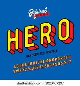 "Hero" Vintage Superhero Inspired 3D Alphabet. Colorful Comics Retro Typeface. Vector Illustration