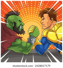 Hero VS Villain Arm Wrestling Cartoon Vector Pop Art