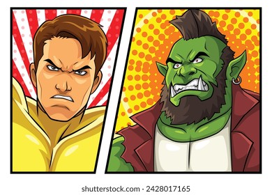 Hero VS Villain Comic Panel Cartoon Vector Pop Art