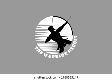 Hero and Warrior silhouette with moon background. Muscular Myth Greek Archer Warrior Silhouette Logo design. Hercules Heracles with Bow Longbow Arrow. 