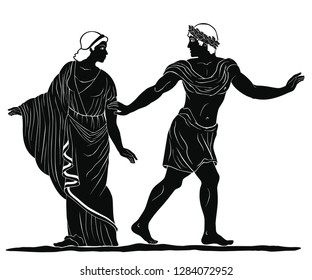 Heroes of ancient Greek myths Theseus abducts Helen. Vector image isolated on white background.