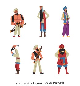 Heroes of Arabian tales set. Arab men characters cartoon vector illustration