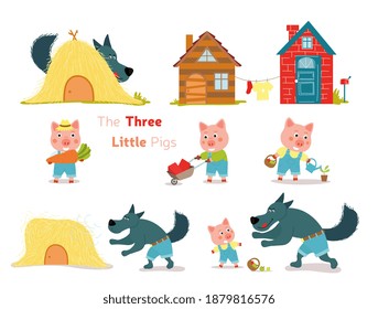 Heroes And Characters Of The Fairy Tale Three Little Pigs. Set Of Cute Characters Isolated On White Background. Flat Cartoon Vector Illustration.