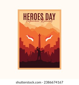 heroes day vintage poster logo minimalist illustration design, indonesian national day poster design