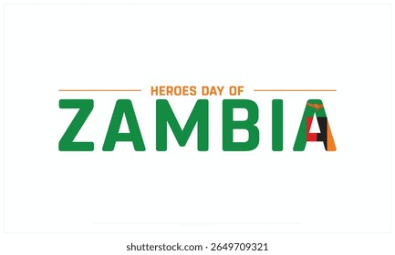 Dia de Heróis de Zâmbia design em fundo branco, Projeto tipográfico de Heróis Dia da Zâmbia, Projeto Vetor de Heróis Dia da Zâmbia, Heróis Dia da Zâmbia