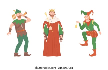 Heroes of fairy tales set. Herald, king and jester cartoon vector illustration