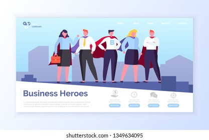 Heroes in field of business vector, man and woman wearing formal clothes standing on top of skyscraper, people with cloaks superhero teamwork. Website or webpage template, landing page flat style