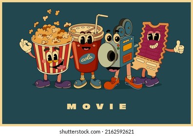 The heroes of the film are depicted in a retro style. Ticket and camera, popcorn and cola in the 90s style. In warm colors. Go for posters, banners and stickers.