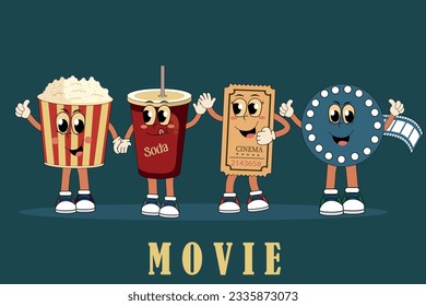 The heroes of the film are depicted in a retro style. Ticket and camera, popcorn and cola in the 90s style. In warm colors. For posters, banners, Tickets and stickers.