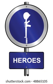 Heroes graphic and text information sign mounted on post