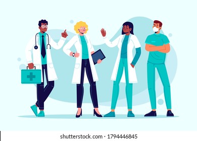 héroes, Ilustración de doctores y enfermeras con máscaras. Vector.