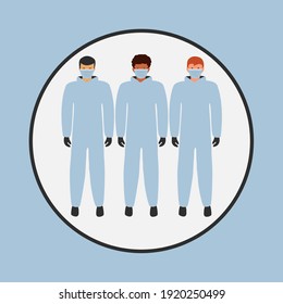 heroes Medical staff. thank you save life. helping patient. we fight together and keep distance flat design coronavirus. protective suit or clothing and face mask. global doctor over the world vector