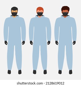 heroes Medical staff. thank you save life. helping patient. we fight together and keep distance flat design coronavirus. protective suit or clothing and face mask. global doctor over the world vector