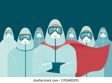 Heroes of our days. Doctors wearing full protective gear in superhero cape. Medical staff during coronavirus COVID-19 disease outbreak. Flat vector characters