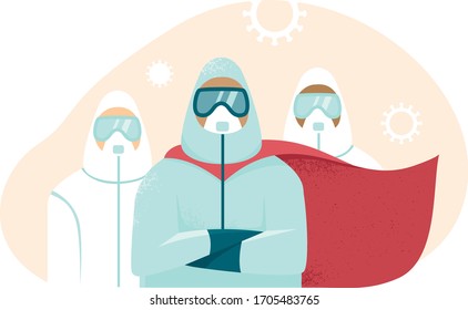 Heroes of our days. Doctors wearing full protective gear in superhero cape. Medical staff during coronavirus COVID-19 disease outbreak. Flat vector characters