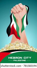 The Heroes Palestine People. a Man holding the palestine flag. Golden hebron city in foreground,