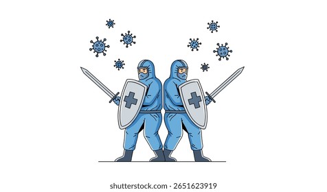 Heroes in protective suits fight against dangerous viruses with swords and shields