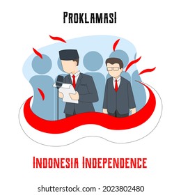 The Heroes Reading Of Proclamation Text, At Indonesian Independence Day. Flat Art Illustration.