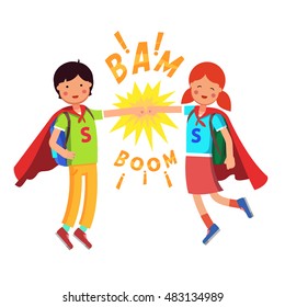 Heroes Super School Students kids making fist bump. Boy and girl flying with their capes and full backpacks. Flat style modern vector illustration isolated on white background.
