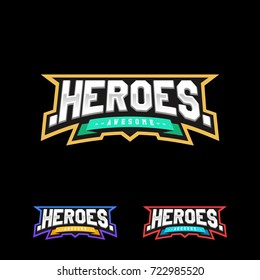 Heroes or Superhero sport text logo. Vector logo set, isolated for t-shirt typography in retro style emblem