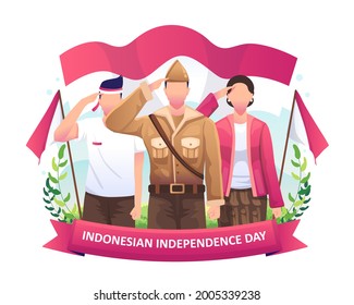 Heroes and women salute the flag in celebration of Indonesia's Independence Day on 17 August. Flat vector illustration