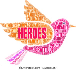 Heroes word cloud on a white background. 