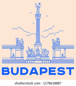 Heroes's Square in Budapest icon. Vector art illustration flat design. Famous architectural landmark thin line illustration. Historical Hungarian statues,kings, tourist destination.