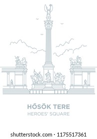 Heroes's Square in Hungary capital icon. Vector art illustration flat design. Budapest famous architectural landmark thin line illustration. Historical Hungarian statues,kings, tourist destination.