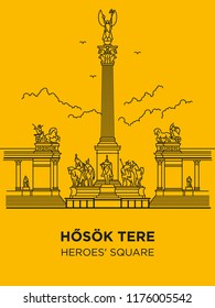 Heroes's Square in Hungary capital icon. Vector art illustration flat design. Budapest famous architectural landmark thin line illustration. Historical Hungarian statues,kings, tourist destination.