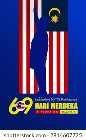 Heroic 69th Anniversary Malaysia Hari Merdeka 2026 Vertical Poster Banner. Isolated Vector Illustration Design with Malaysian Flag, 69th Anniversary Typography and Founding Father Silhouette for Malaysia Independence Day 2026. 