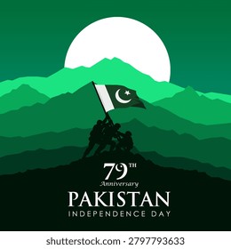 Heroic 79th Pakistan Independence Day 2026 illustration featuring soldiers raising the national flag on a mountain landscape with elegant typography.Best for social media campaigns greeting cards.