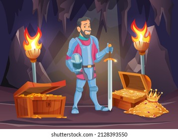 Heroic adventure scene with a knight with a sword finding enchanted treasures in the magic cave.