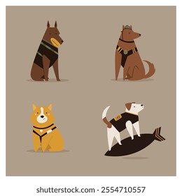 Heroic Cartoon Dogs of Ukraine. Military Canine Rescuers and Mine Detectives. Hand drawn Cute Animals

