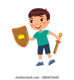 Heroic Child With Wooden Sword And Shield. The Concept Of Dealing With Fears, Child Psychology. Cartoon Character Isolated On White Background. Flat Vector Color Illustration. 