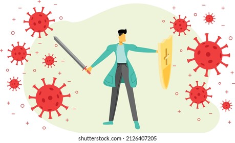 Heroic doctor fighting corona viruses with a sword and a shield flat vector illustration. Frontliner doctor protect and defense concept for poster, banner, flyer, banner, or presentation.