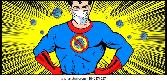 Heroic doctor fighting with epidemic. Coronavirus banner template. Medical worker in Superhero costume wearing protective mask and suit ready to fight. Pop Art retro comic book cartoon drawing vector