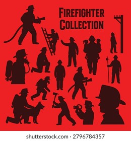 Heroic Firefighter Rescue Silhouette Vector Elements Set