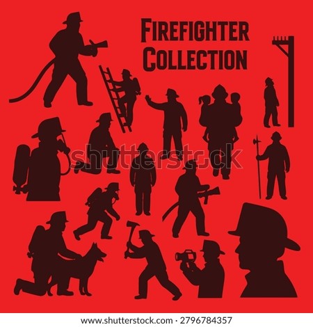 Heroic Firefighter Rescue Silhouette Vector Elements Set